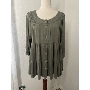 OTT Women’s XL Olive Button Front Tiered Blouse Flowy Boho Tunic Top Neutral